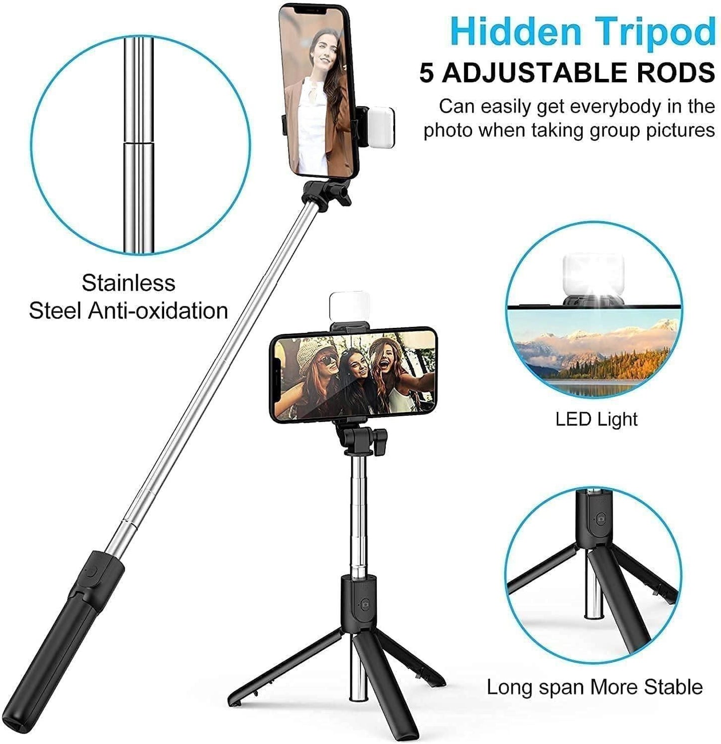 Extendable 3-in-1 Selfie Stick with Tripod, Flash & Remote Control