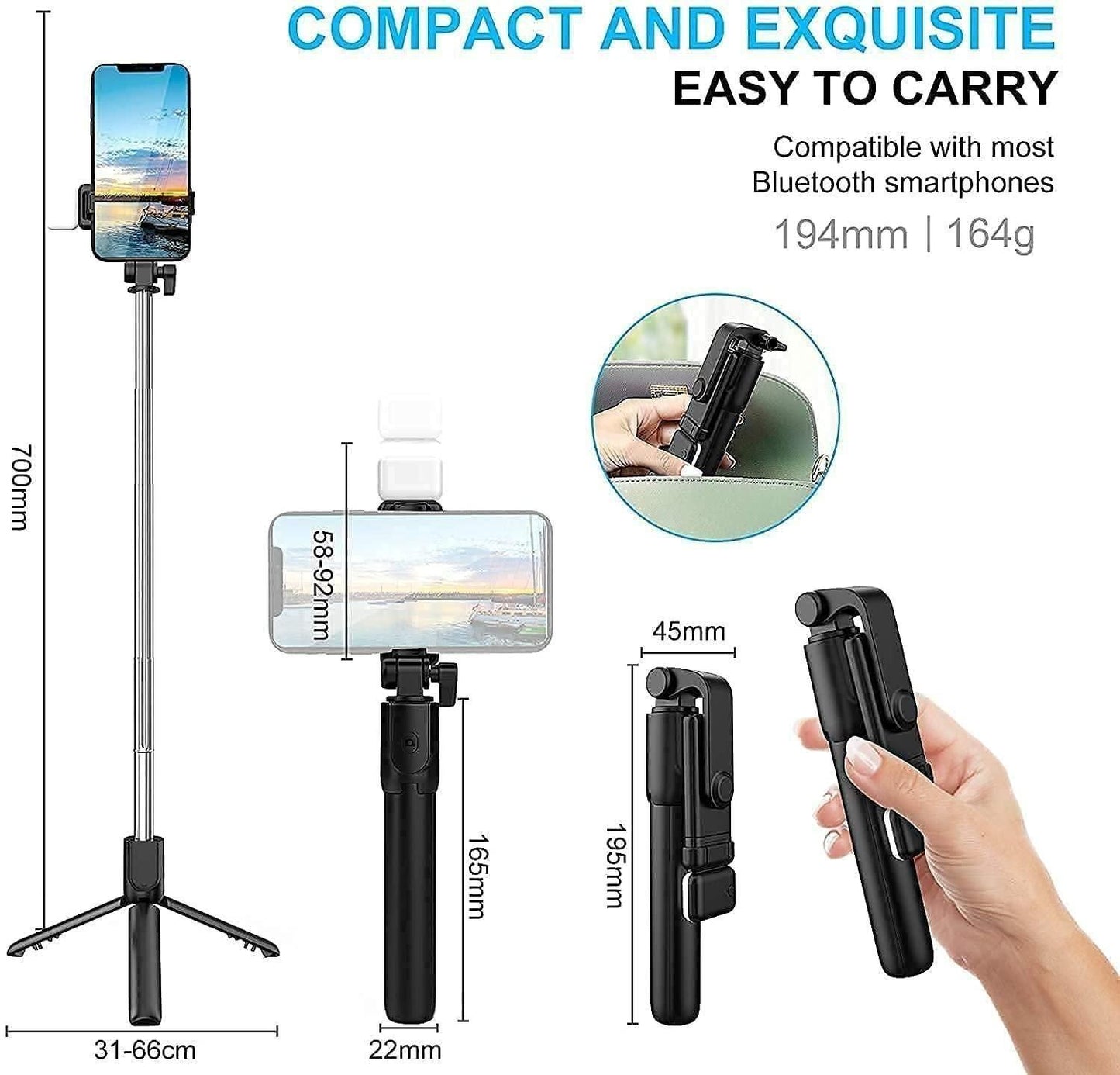Extendable 3-in-1 Selfie Stick with Tripod, Flash & Remote Control